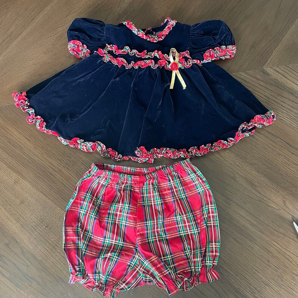 Vintage Velvet Baby Dress Holiday Navy w/ Red Plaid Trim & Bloomers Infant READ